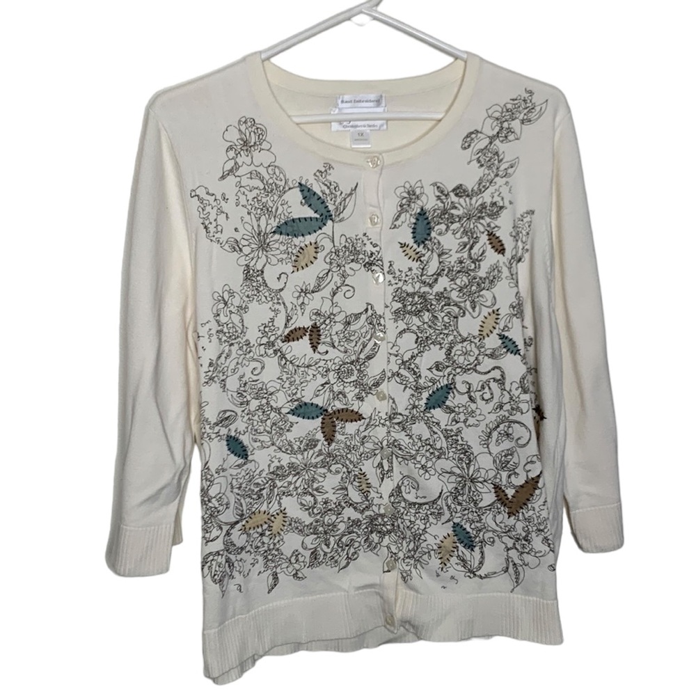 T16 Cj Banks Hand embroidered plus size 1X 3/4 sleeve Cardigan floral design